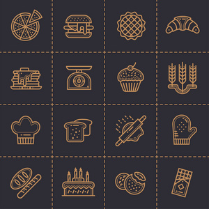 向量组的线性图标 面包店和烹饪。移动应用程序和 web 概念的现代大纲图标