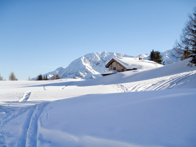 木材的雪山小木屋