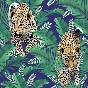 猎豹和豹子的棕榈叶热带水彩在丛林无缝背景