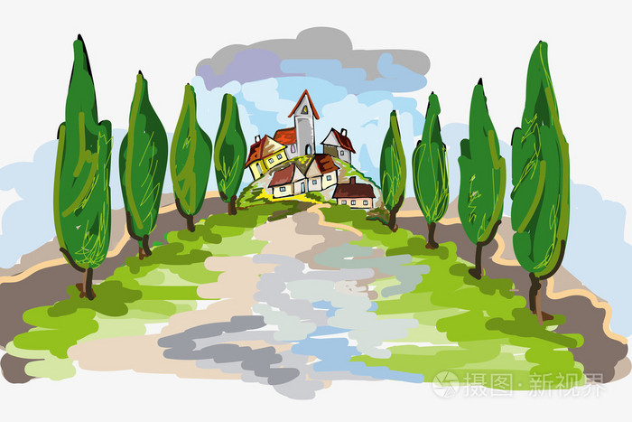 意大利风景画与农村公路的一个小村庄插画-正版商用图片0dccu5-摄图新