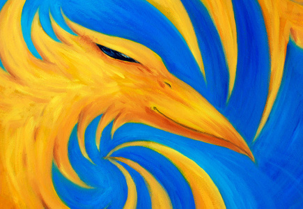 蓝色背景 原创油画 凤凰火凤凰是黄色的颜色