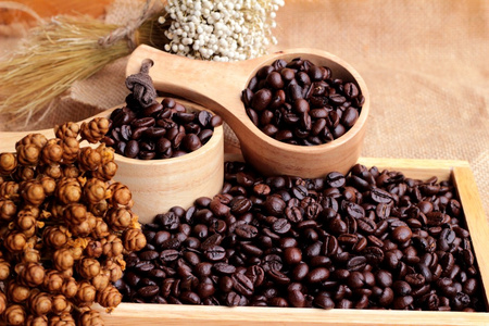 烘培的咖啡豆袋棕色背景