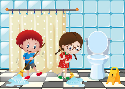 男孩和女孩打扫卫生间