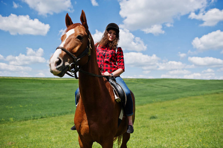 年轻漂亮的女孩在一个字段上骑着马，在阳光灿烂的日子
