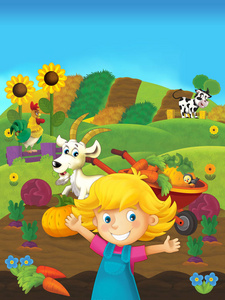 卡通场景的女孩在农场