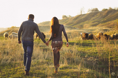 握着的手牵手浪漫的情侣走在秋天的草原上