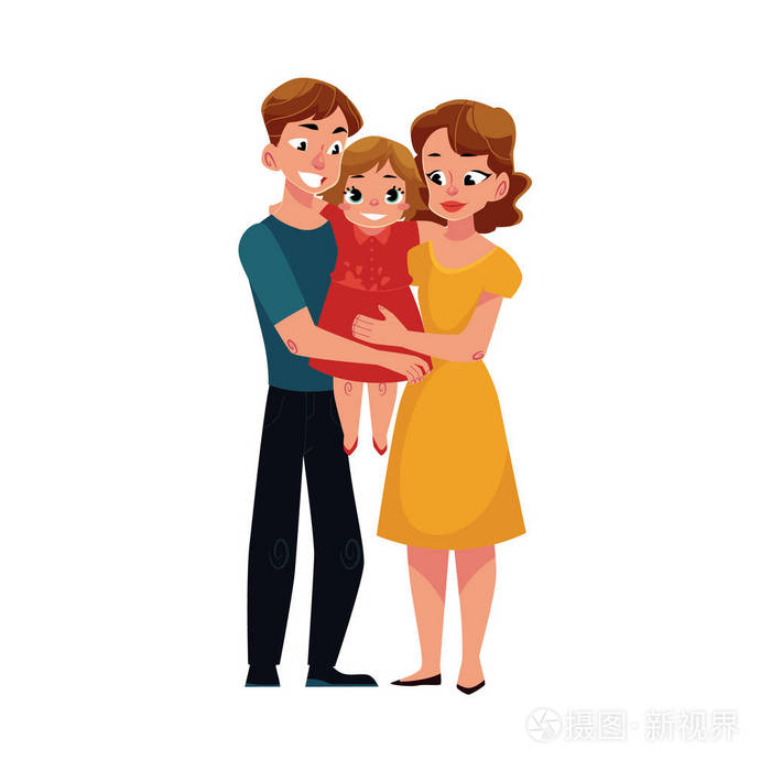 父母妈妈和爸爸抱着小女儿爱全家福