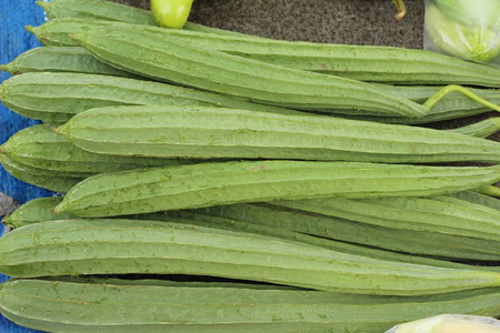 市场的烹饪新鲜丝瓜 acutangula