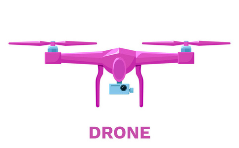 无人驾驶飞机或 quadcopter 彩色粉红色的图标，在平面样式，飞行与视频摄像机，矢量图的小工具