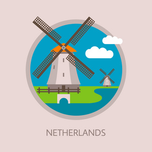 传统的荷兰风车景观与云