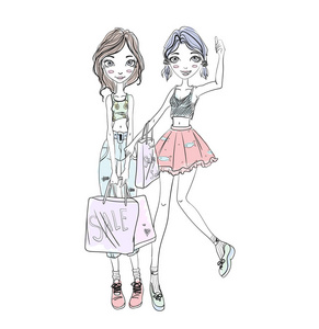 两个年轻的女孩手里拿着购物袋。手绘草图。矢量图中，白色背景上孤立