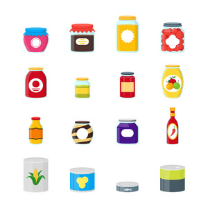 卡通罐头和罐食物颜色图标集。矢量