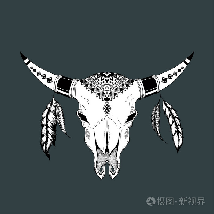 手绘水牛头骨美国原住民图腾