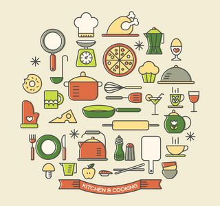 烹饪食物和厨房颜色图标集