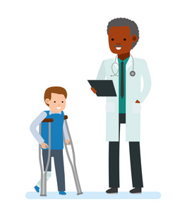 儿童医生。贴满的腿和拐杖在医生旁边的男孩。在白色背景上的插图