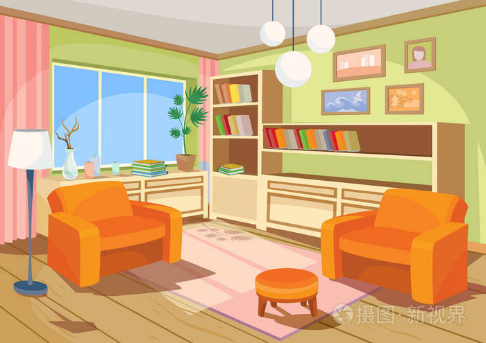 橙色的家庭房间,两个柔软的扶手椅客厅卡通室内向量插图