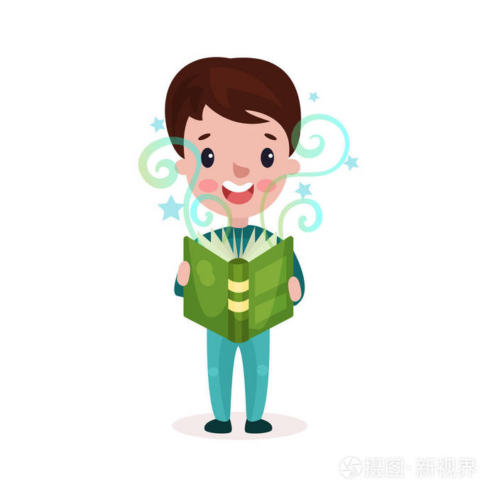 可爱的小男孩看童话书,孩子们想象力的概念多彩卡通矢量图