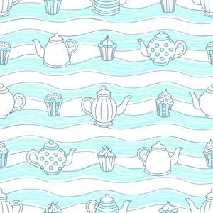 茶壶和纸杯蛋糕手绘制无缝模式