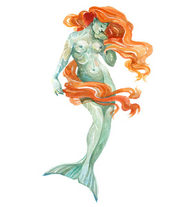 水彩的单个字符神秘的神话人物美人鱼