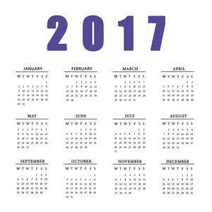 对白色背景上的 2017 年日历