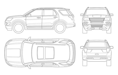 概述汽车越野写或现代贵宾接待专车。越野卡车模板矢量孤立的车上白色。查看前面，后方，侧，顶。在单独的图层组中的所有元素