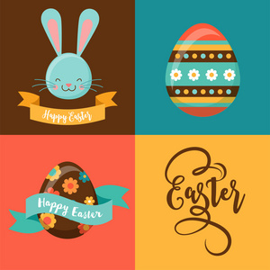 兔子，兔子，鸡蛋和横幅彩色复活节快乐贺卡