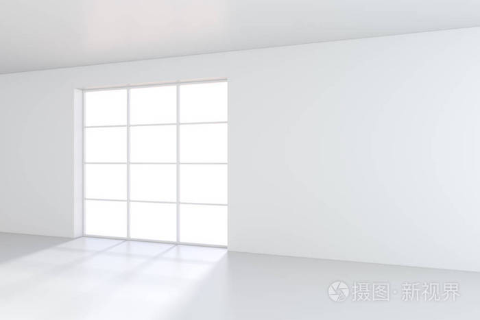 大型彩色玻璃窗空旷的白色房间里.3d 渲染