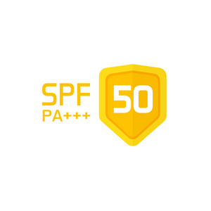 Spf 标签矢量图标隔离，防晒系数 50 符号或文本和盾牌的贴纸