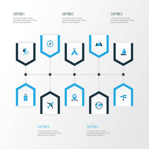 旅行彩色图标集。指南针 地球 路标和其他元素的集合。此外包括山脉 星球 视图等符号