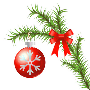 圣诞树圣诞装饰品和红色的弓分支。新的一年或圣诞节设计元素。矢量图，白上孤立