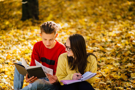 系列照片的美丽的年轻的黑发妇女在太阳镜和年轻男子穿着红色衬衫坐在一个秋天的落叶在公园和阅读一本书