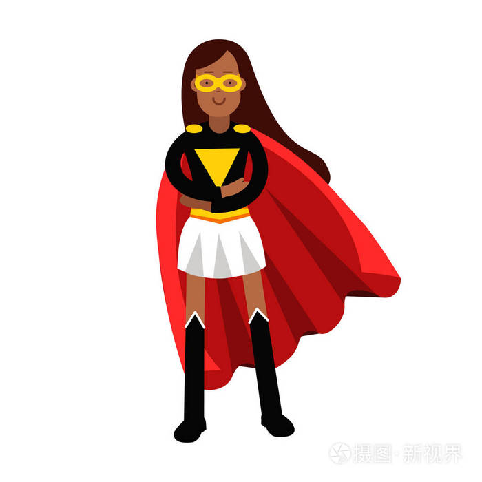 在经典服饰的超级英雄和披着红斗篷矢量插图的年轻黑人妇女