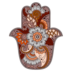 颜色 hamsa 手绘制的符号。在东方风格的室内装饰和图纸用指甲花的装饰图案。古老的手法蒂玛的象征