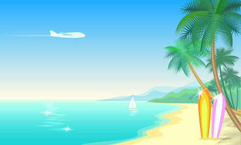 飞机和热带天堂棕榈树冲浪板。阳光明媚的砂海岸海滩海海洋景观。文本的向量背景图