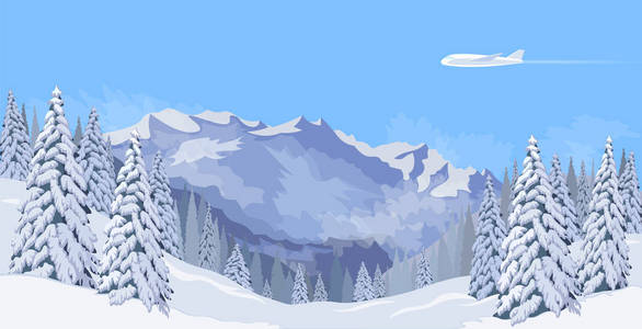 在蓝蓝的天空的雪景山冬季飞行的飞机。枞树森林背景旅行横幅模板矢量图