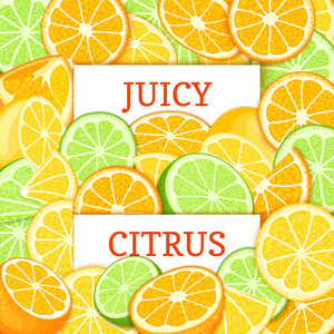 有两个白色矩形标签上橙色石灰柠檬水果背景。矢量图卡。柑橘和多汁的热带水果和食品包装果汁早餐排毒饮食，为设计片果酱