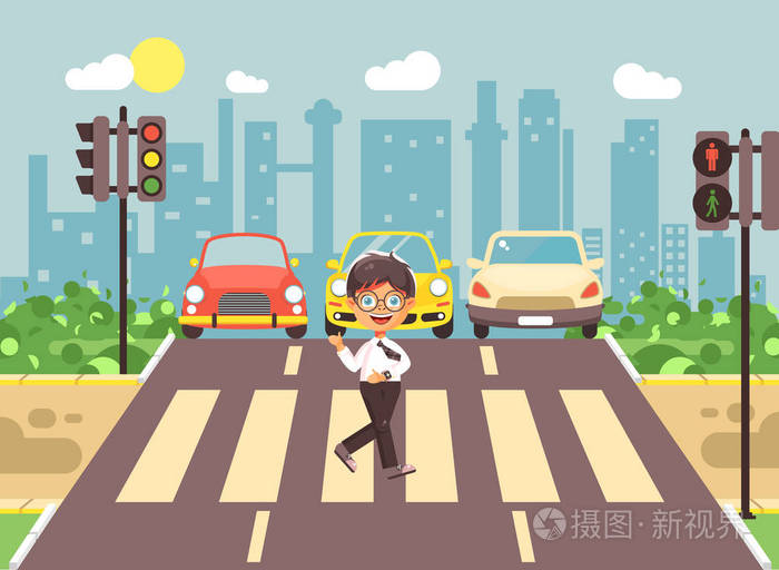 卡通性格的孩子,遵守交通规则,孤独的黑发男孩小学生小学生去马路行人