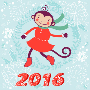 可爱的卡片可爱有趣的猴子字符的符号的新 2016 年