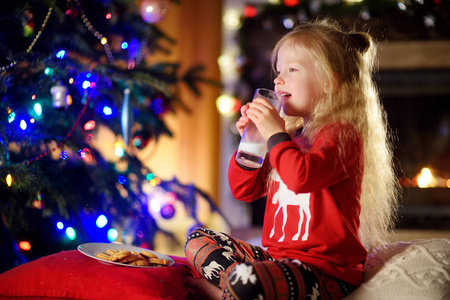 小女孩用牛奶和饼干在圣诞节