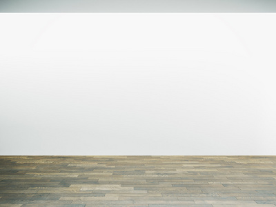 白墙博物馆室内与木地板。3d 渲染