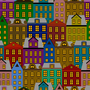 无缝模式与房子，房子矢量背景，可爱色彩缤纷的房子