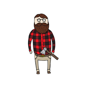 可爱的 lumbersexual 人用一把斧头和眼镜