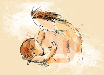 彩色的手素描哺乳期的母亲与婴儿在一个垃圾背景