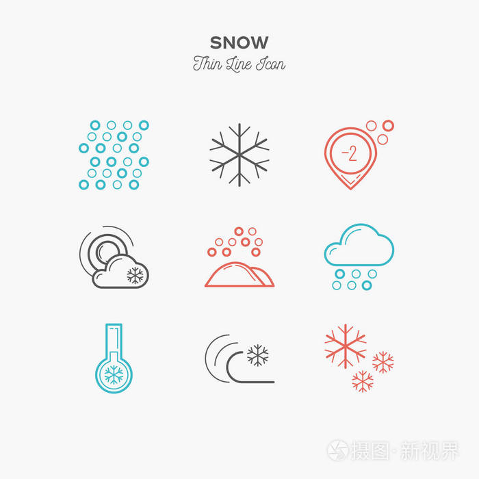 雪, 霜, 雪花更多而细的线条颜色图标集,vect