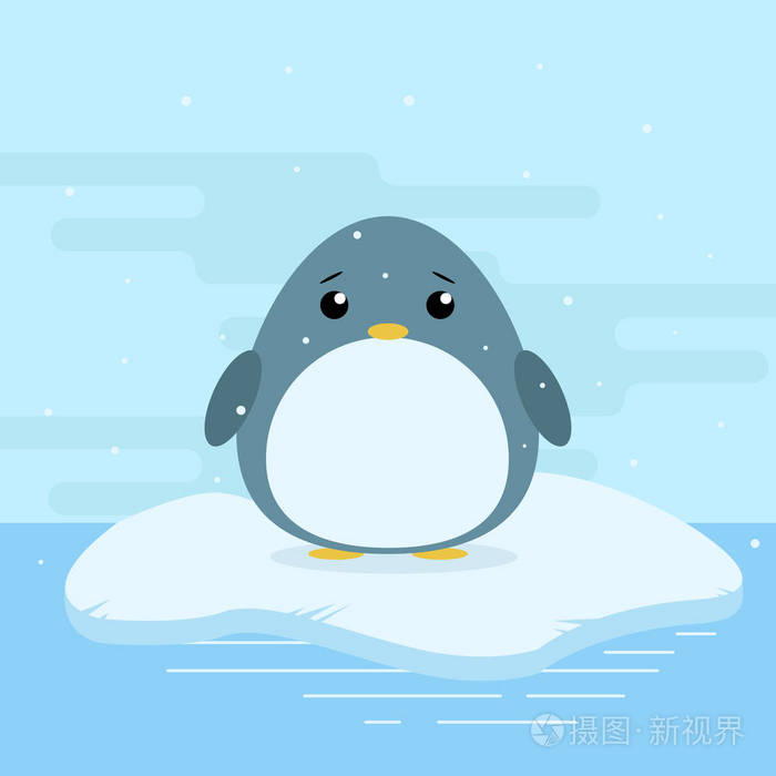 可爱的卡通插图的企鹅在南极的冰山上.天气冷,雪.平面