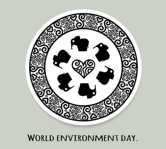 世界环境日和世界大象一天。矢量贴纸 标志 标识。圆形曼荼罗与大象