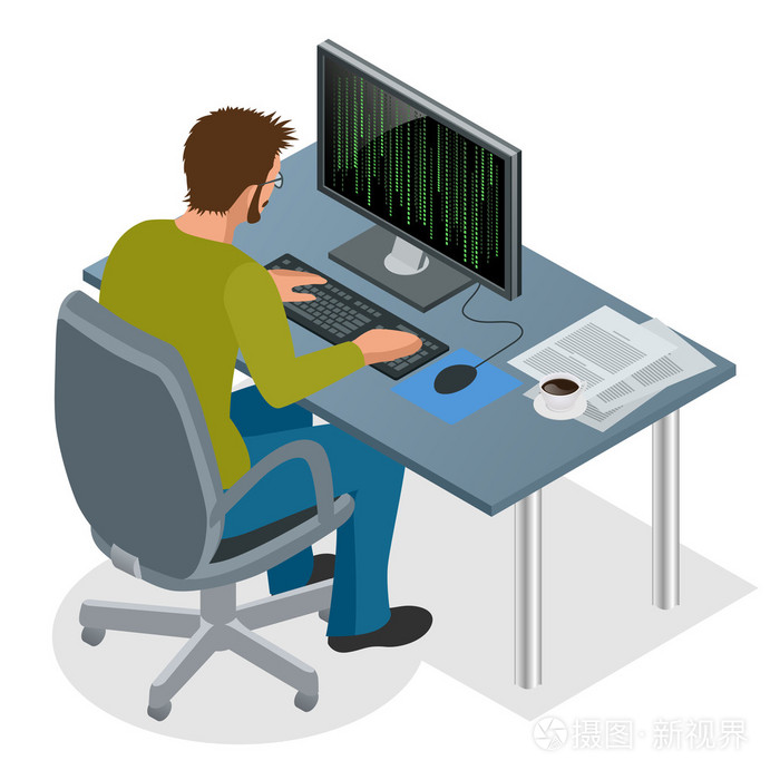 编程,编码,测试,调试,分析师,代码开发人员平 3d 等距矢量图