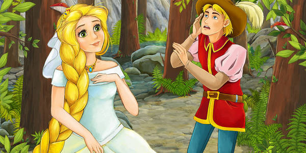 王子与公主在森林里的卡通场景