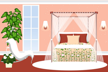 女孩的卧室装饰。豪华房，四个海报床和起居室和植物。卡通。矢量图