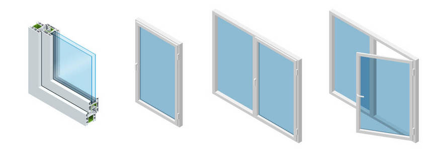 通过一个窗口窗格 Pvc 异型材等轴截面叠层木纹，经典白色。截面图的玻璃窗集